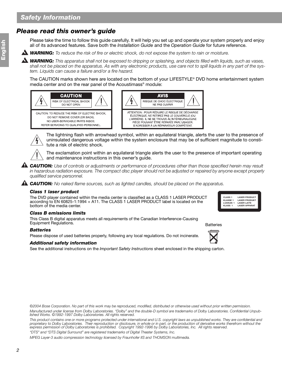 Safety information, Please read this owner’s guide, Engl is h | Bose Lifestyle 28 User Manual | Page 2 / 44