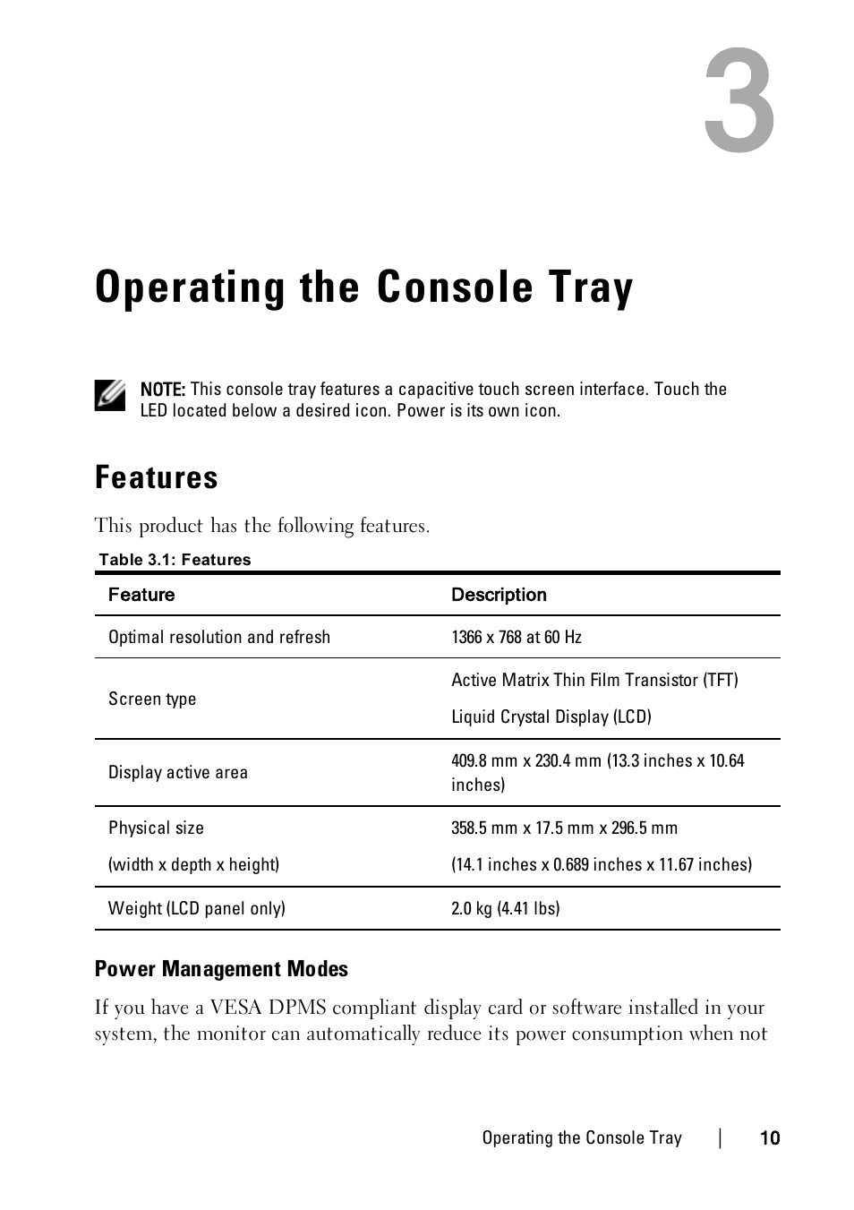 Operating the console tray, Features, Power management modes | Dell 1U Rackmount LED Console User Manual | Page 14 / 36