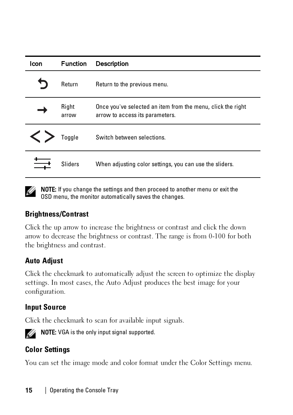 Brightness/contrast, Auto adjust, Input source | Color settings | Dell 1U Rackmount LED Console User Manual | Page 19 / 36