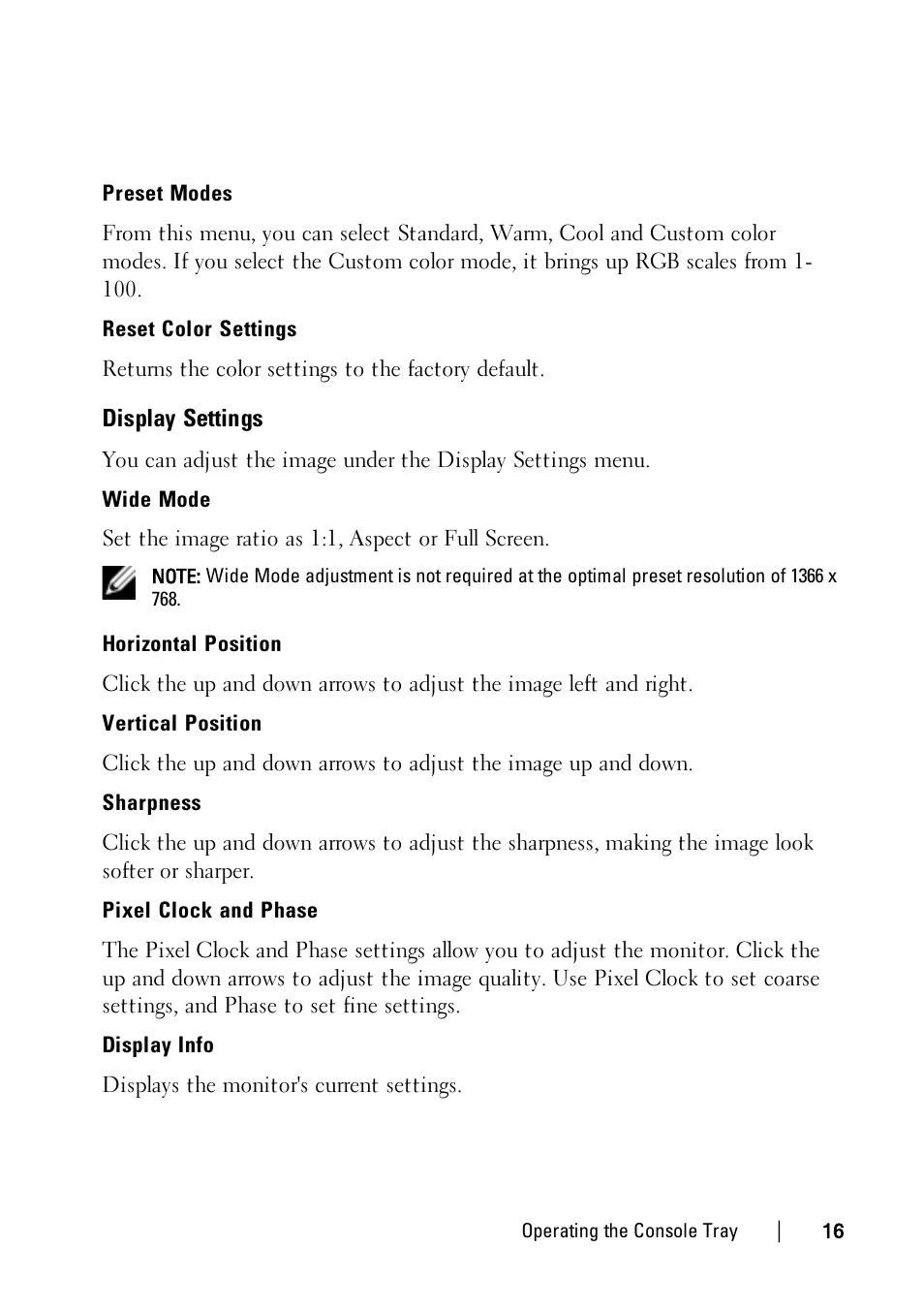 Display settings | Dell 1U Rackmount LED Console User Manual | Page 20 / 36