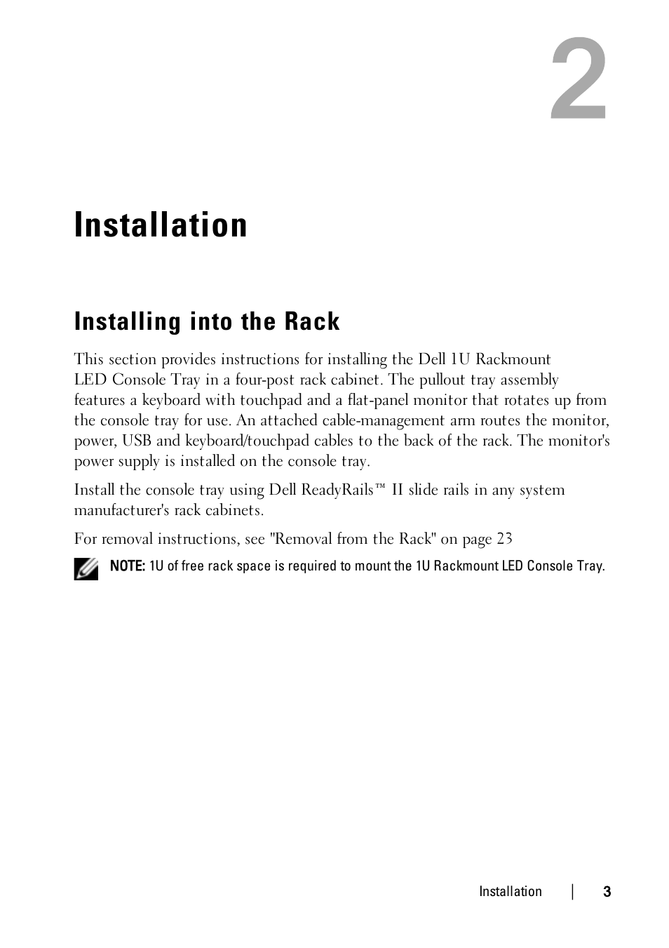 Installation, Installing into the rack | Dell 1U Rackmount LED Console User Manual | Page 7 / 36