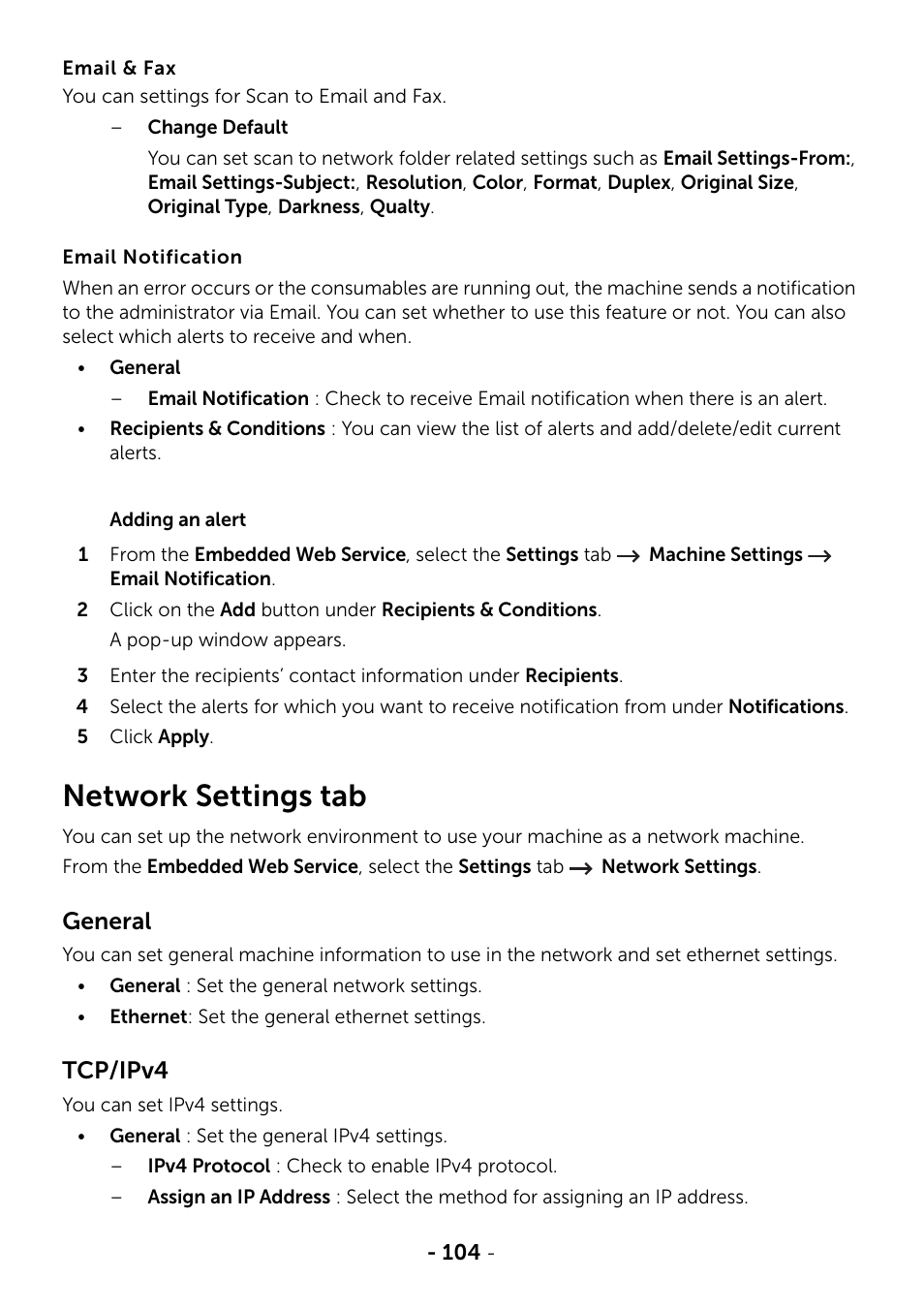 Network settings tab, General, Tcp/ipv4 | Dell B2375dnf Mono Multifunction Printer User Manual | Page 105 / 359