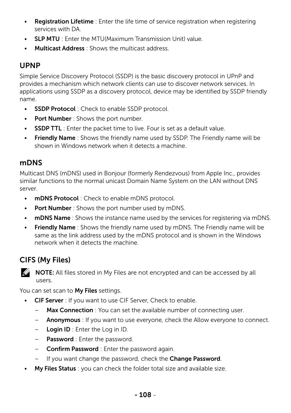 Upnp, Mdns, Cifs (my files) | Dell B2375dnf Mono Multifunction Printer User Manual | Page 109 / 359