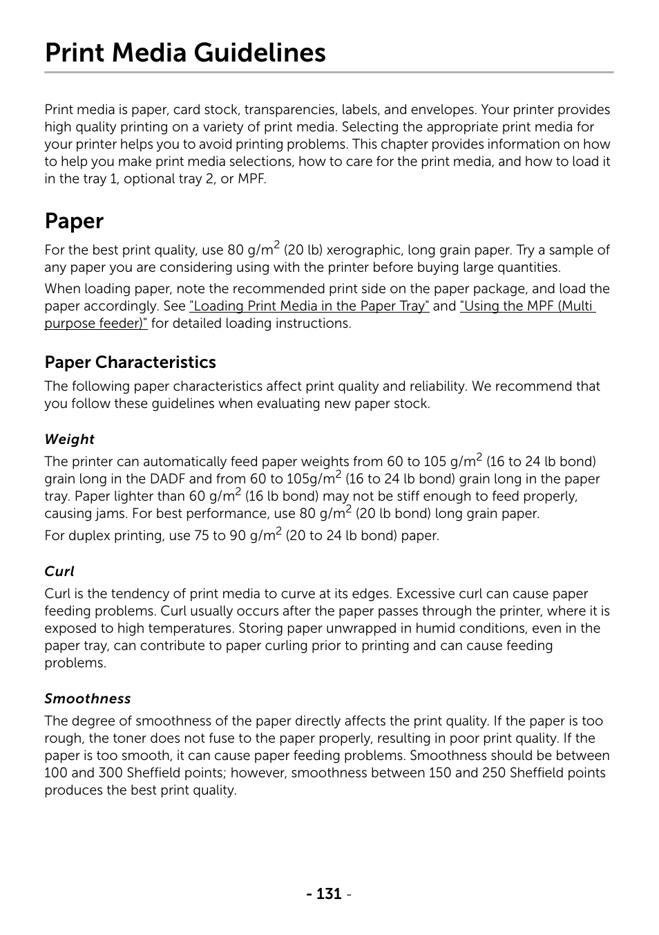 Print media guidelines, Paper, Paper characteristics | Dell B2375dnf Mono Multifunction Printer User Manual | Page 132 / 359