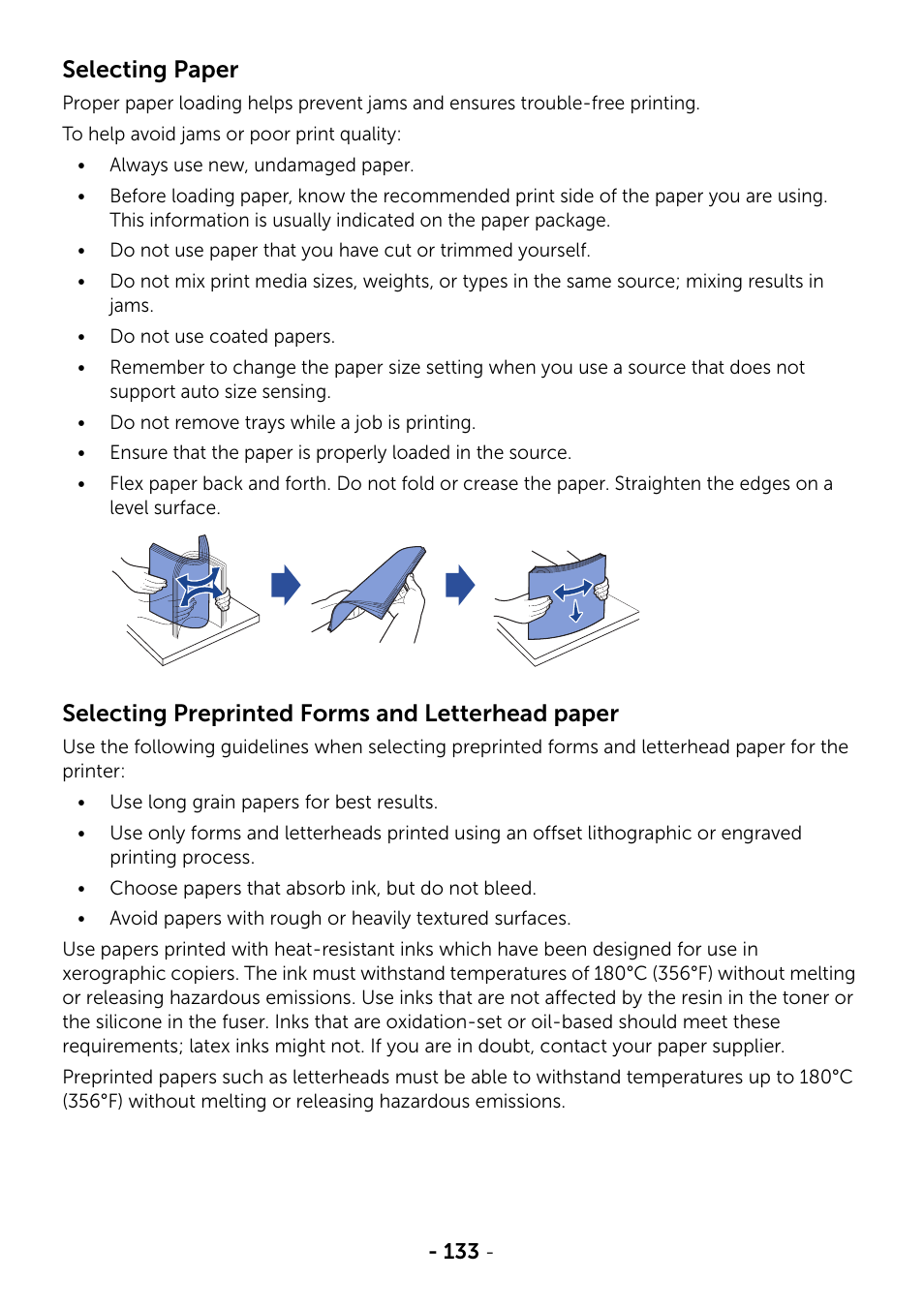 Selecting paper, Selecting preprinted forms and letterhead paper | Dell B2375dnf Mono Multifunction Printer User Manual | Page 134 / 359