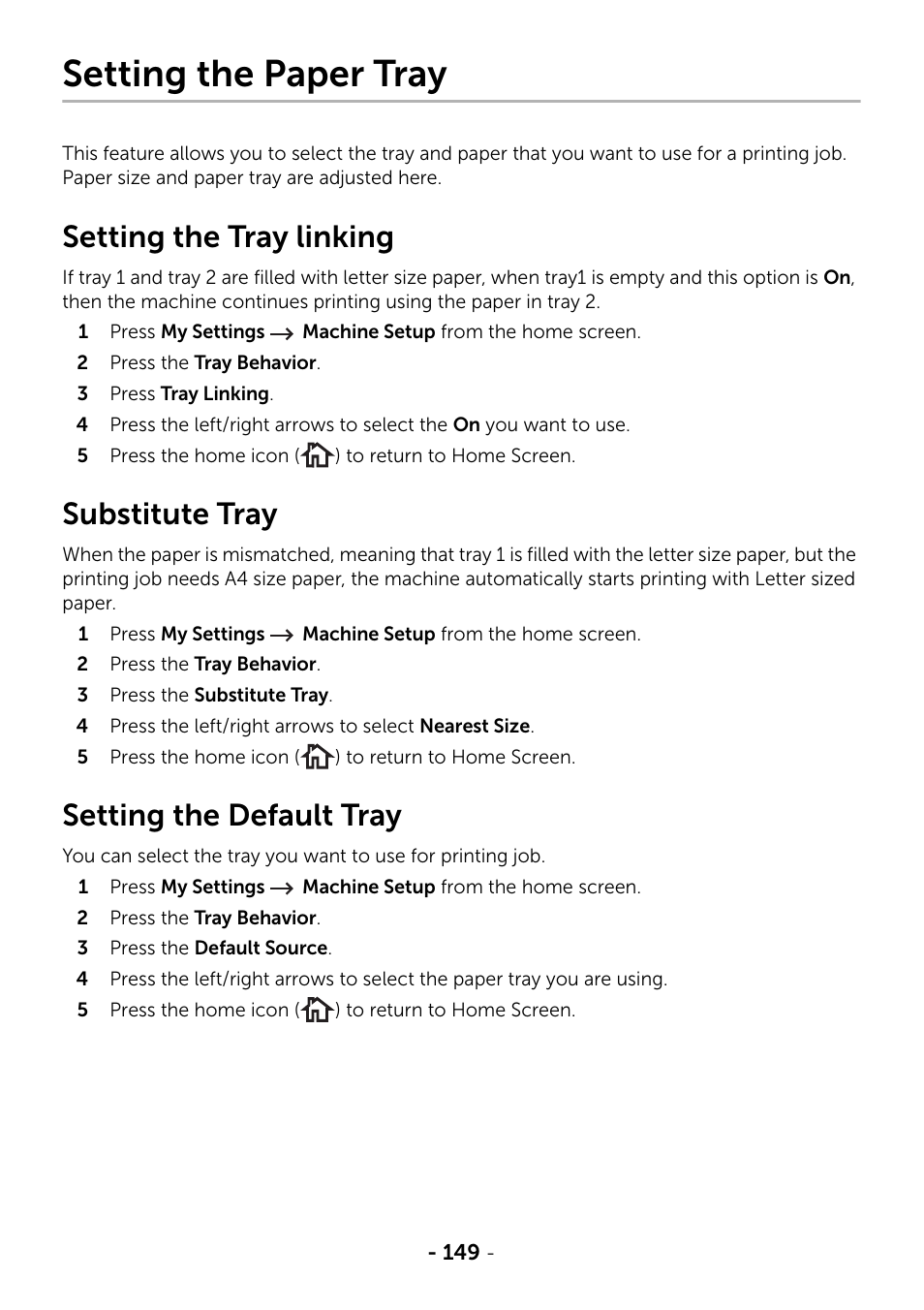 Setting the paper tray, Setting the tray linking, Substitute tray | Setting the default tray | Dell B2375dnf Mono Multifunction Printer User Manual | Page 150 / 359