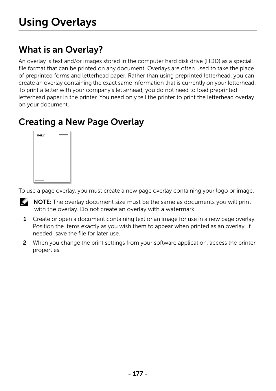 Using overlays, What is an overlay, Creating a new page overlay | Dell B2375dnf Mono Multifunction Printer User Manual | Page 178 / 359