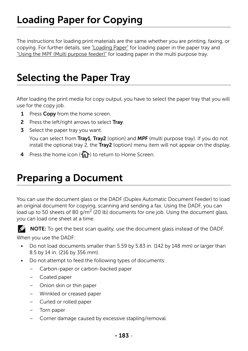 Loading paper for copying, Selecting the paper tray, Preparing a document | Dell B2375dnf Mono Multifunction Printer User Manual | Page 184 / 359