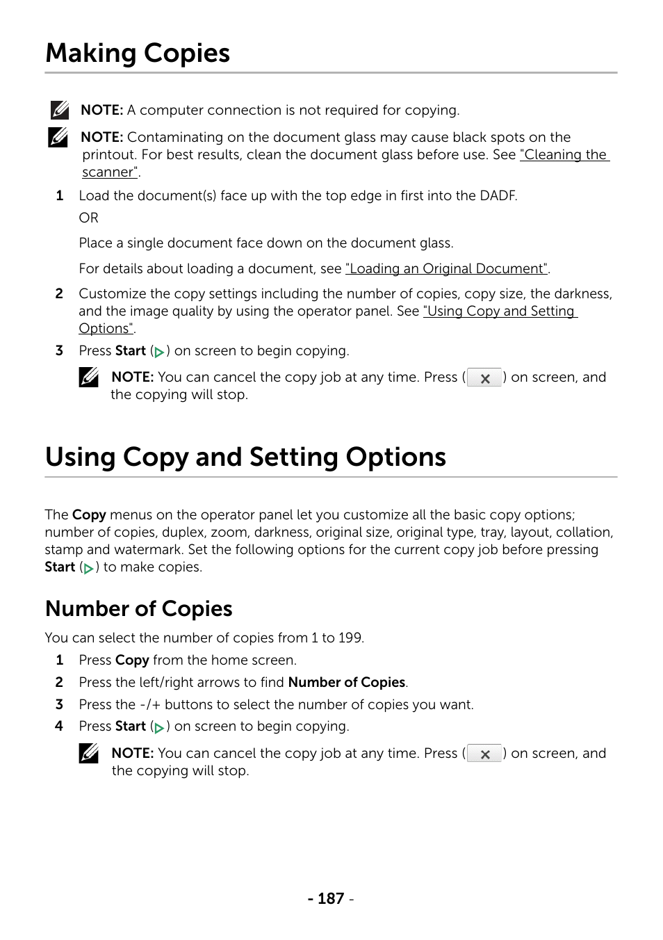 Making copies, Using copy and setting options, Number of copies | Dell B2375dnf Mono Multifunction Printer User Manual | Page 188 / 359