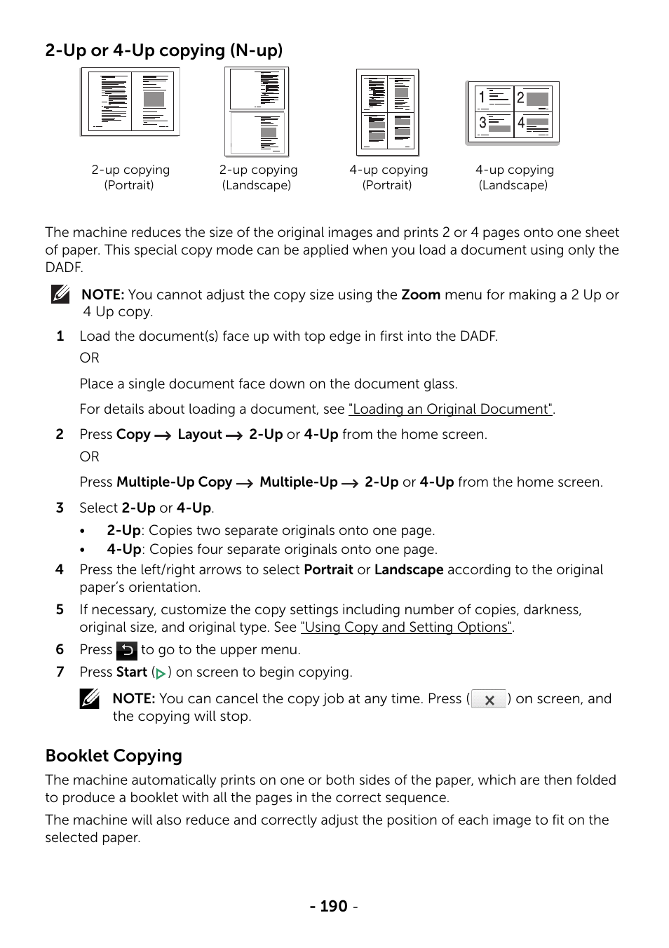 See "2-up or 4-up copying, N-up), Up or 4-up copying (n-up) | Booklet copying | Dell B2375dnf Mono Multifunction Printer User Manual | Page 191 / 359