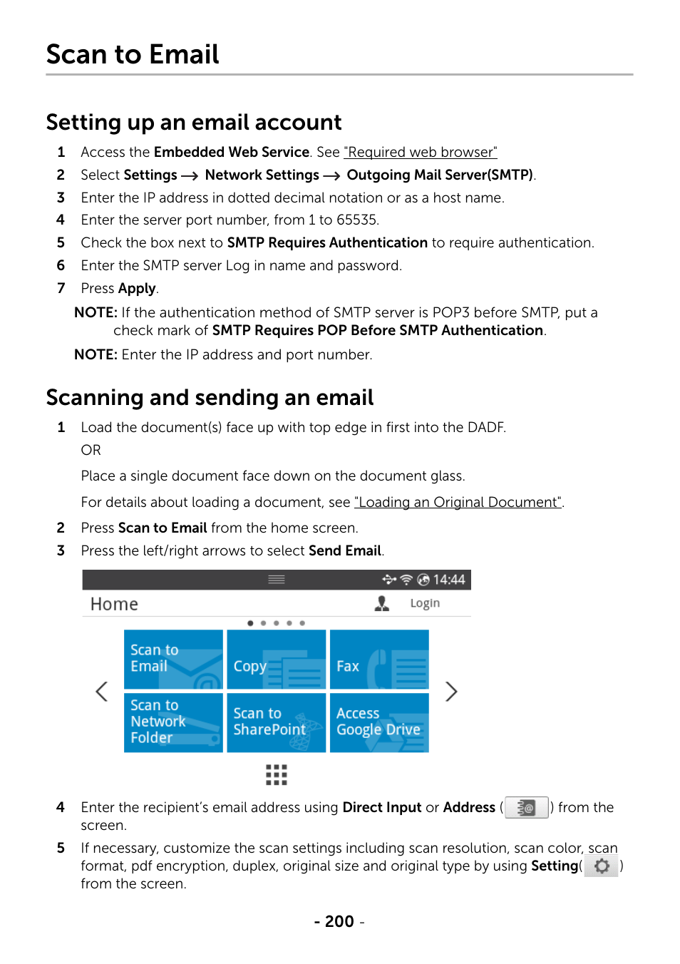 Scan to email, Setting up an email account, Scanning and sending an email | Dell B2375dnf Mono Multifunction Printer User Manual | Page 201 / 359