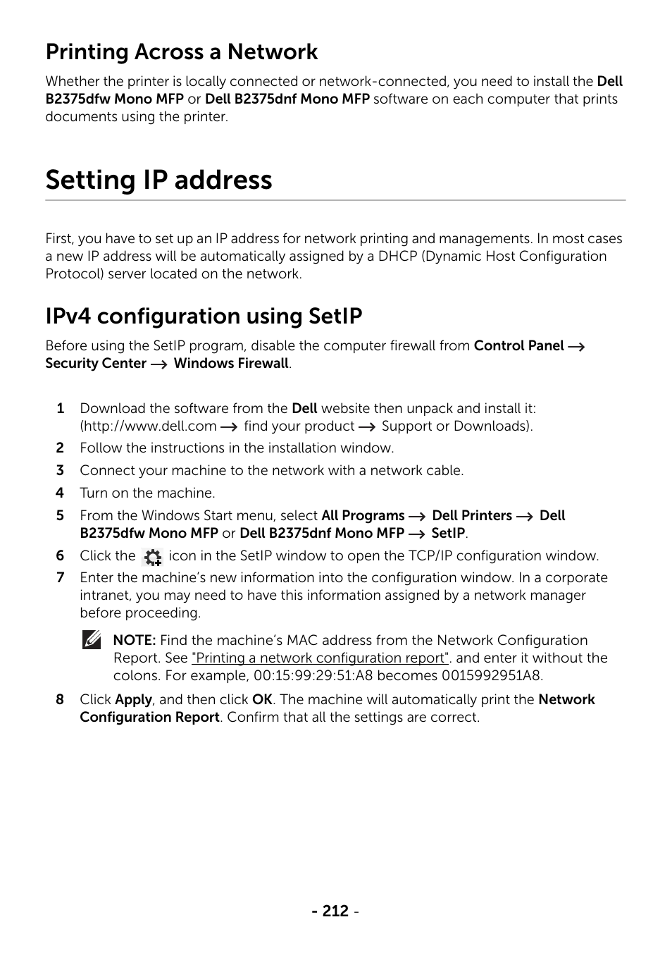 Printing across a network, Setting ip address, Ipv4 configuration using setip | Dell B2375dnf Mono Multifunction Printer User Manual | Page 213 / 359