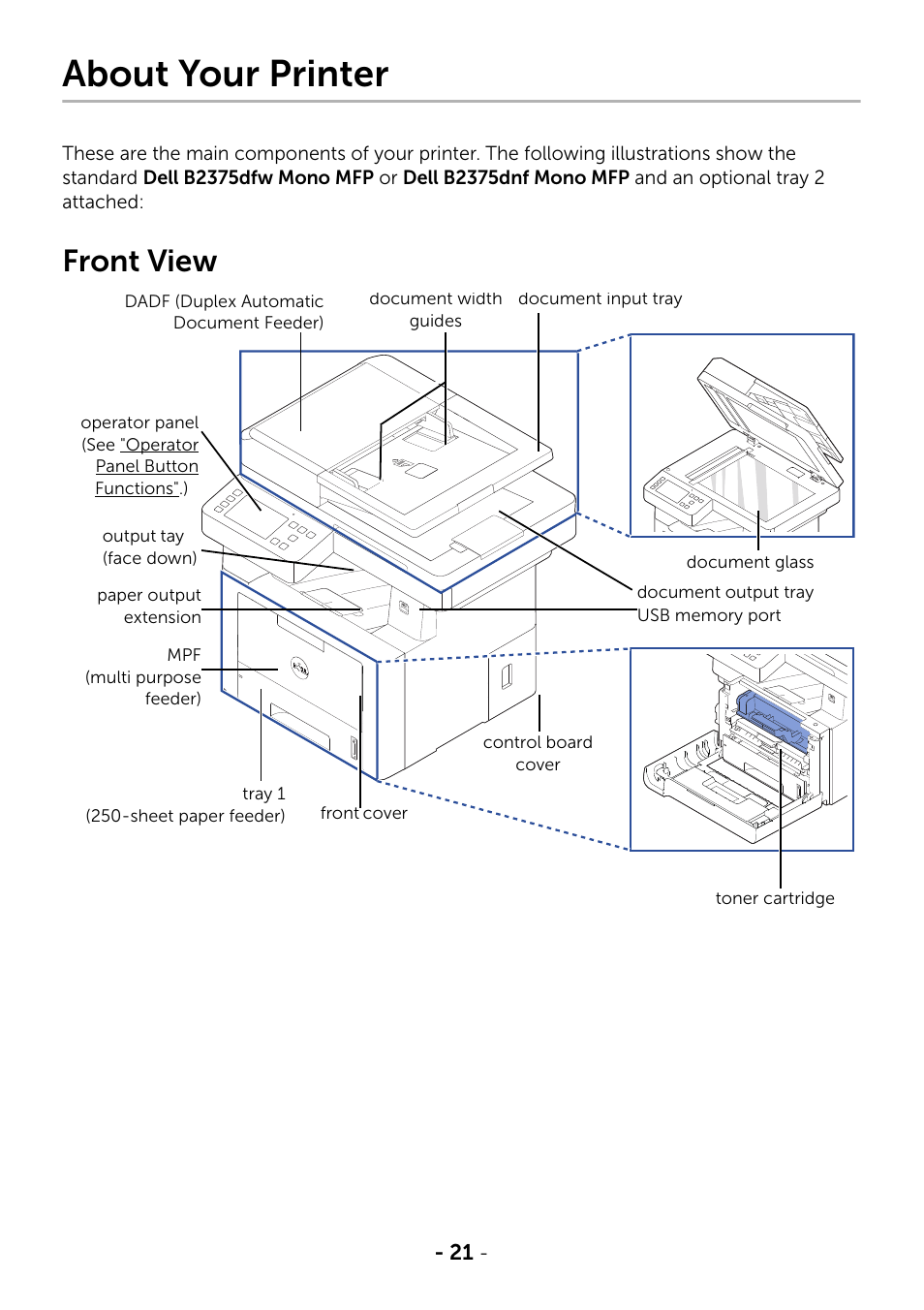 About your printer, Front view | Dell B2375dnf Mono Multifunction Printer User Manual | Page 22 / 359