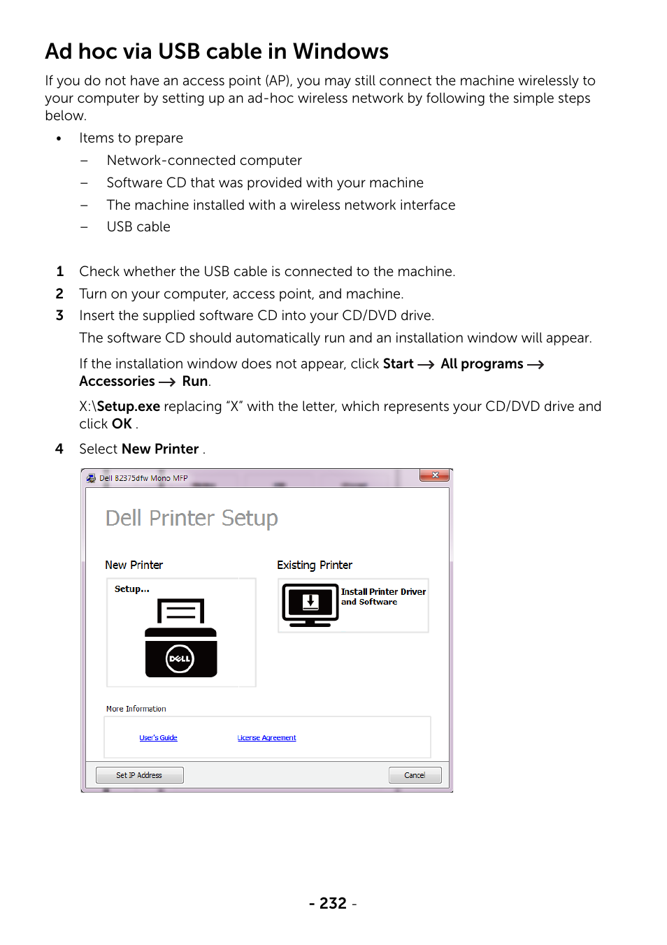 Ad hoc via usb cable in windows, E "ad hoc via usb cable in windows | Dell B2375dnf Mono Multifunction Printer User Manual | Page 233 / 359