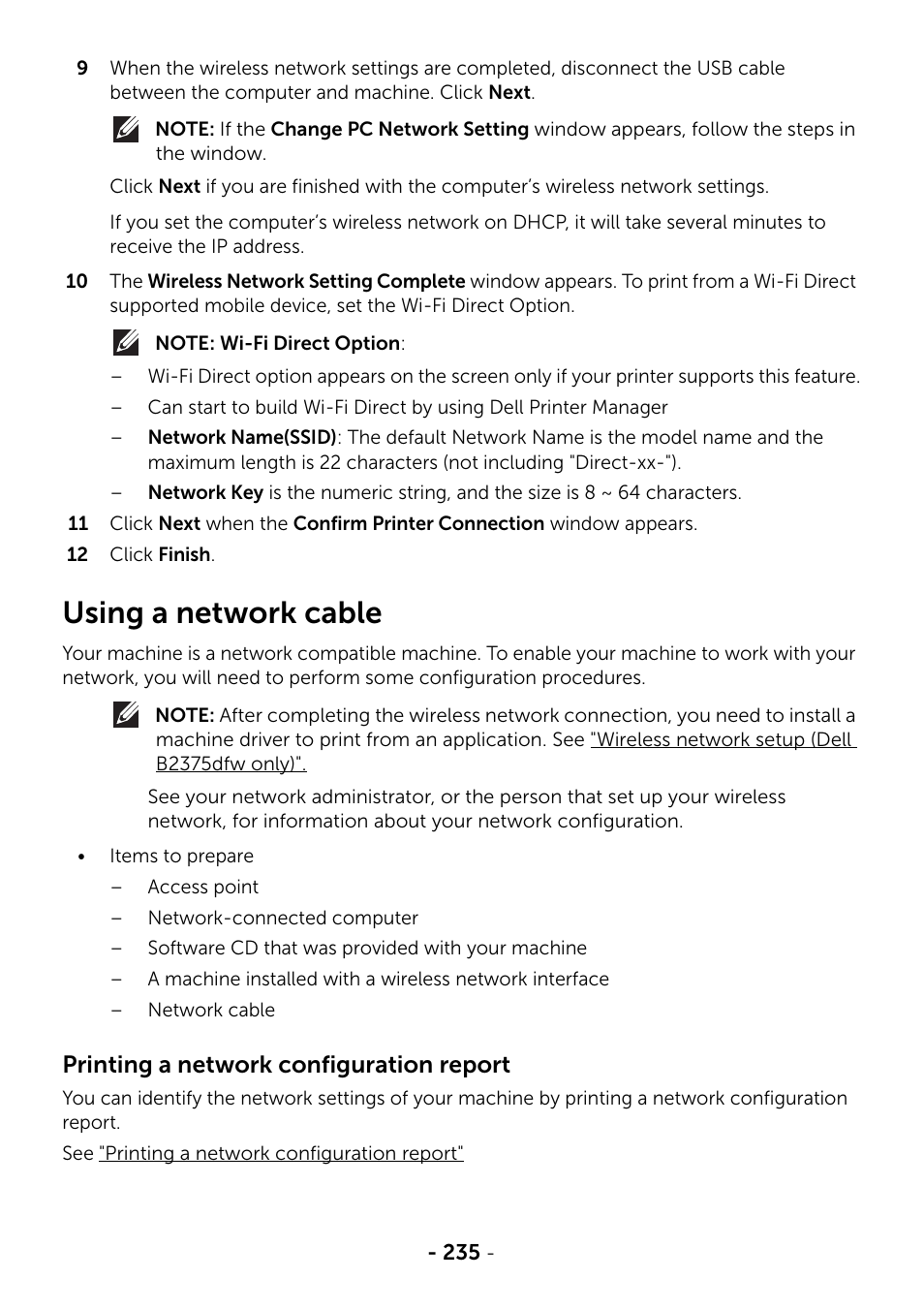 Using a network cable, Printing a network configuration report | Dell B2375dnf Mono Multifunction Printer User Manual | Page 236 / 359