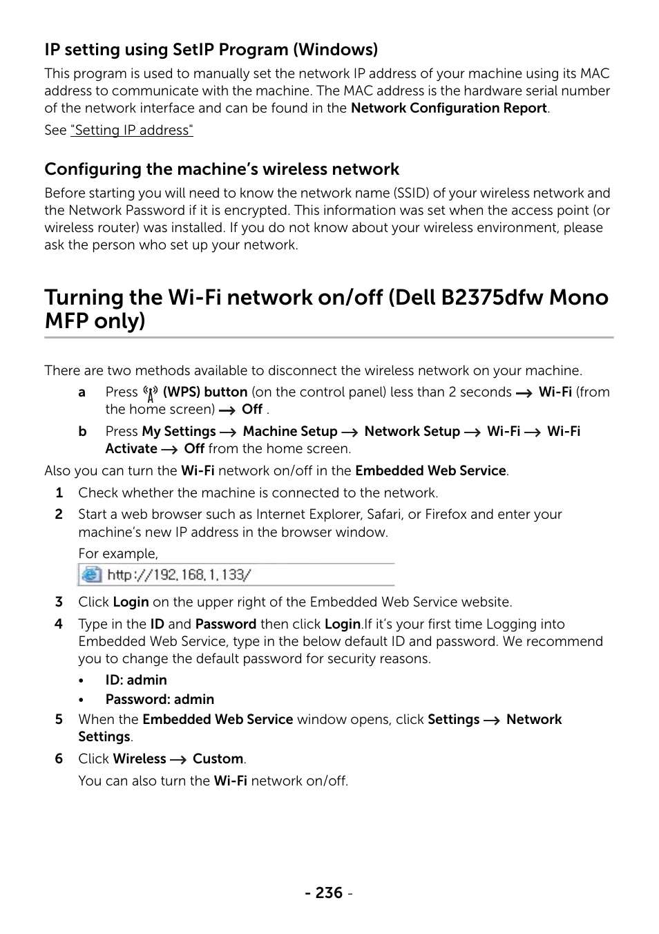 Mfp only), Ip setting using setip program (windows), Configuring the machine’s wireless network | Dell B2375dnf Mono Multifunction Printer User Manual | Page 237 / 359