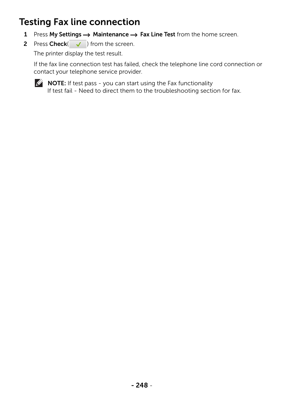 Testing fax line connection | Dell B2375dnf Mono Multifunction Printer User Manual | Page 249 / 359