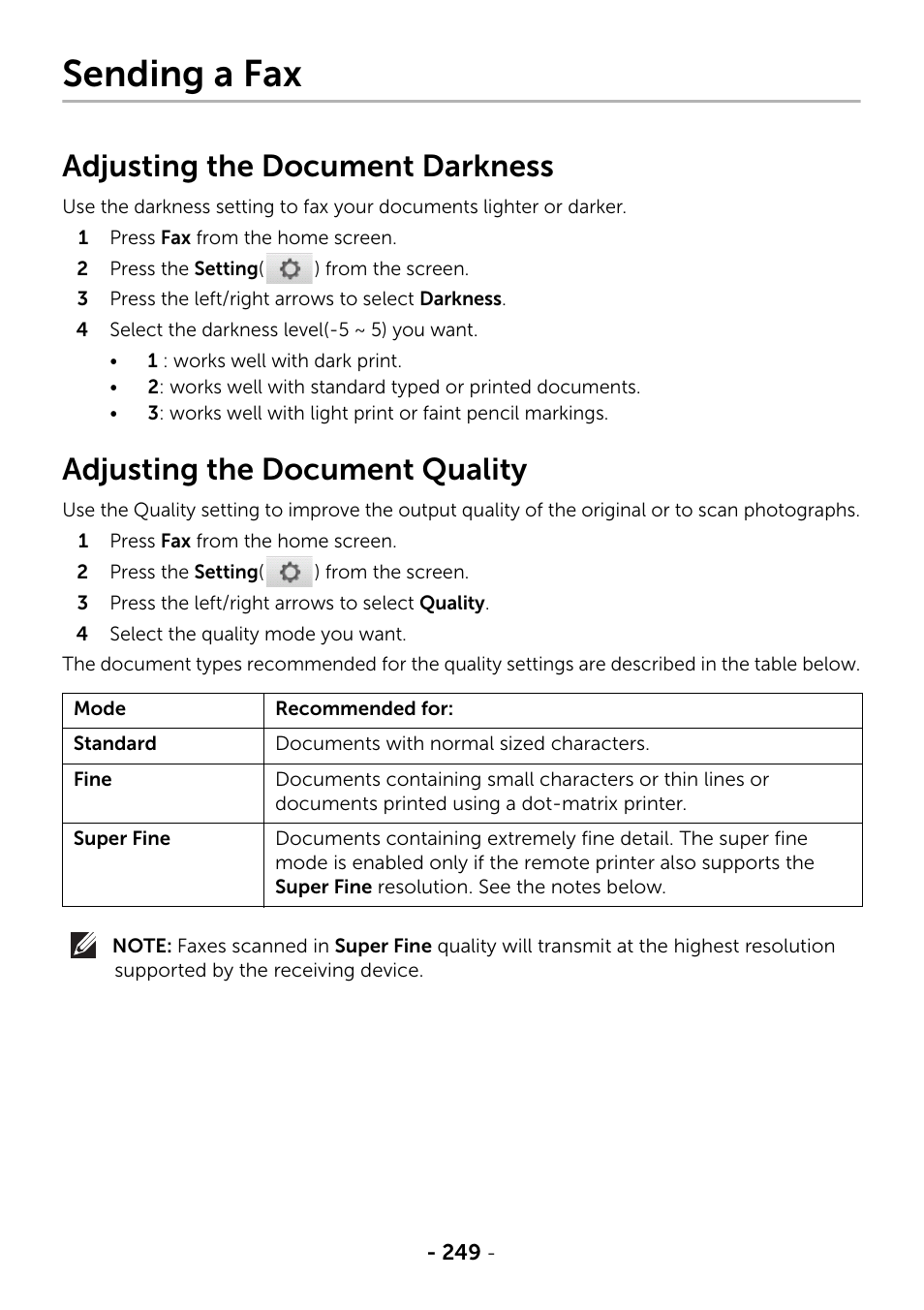 Sending a fax, Adjusting the document darkness, Adjusting the document quality | Dell B2375dnf Mono Multifunction Printer User Manual | Page 250 / 359