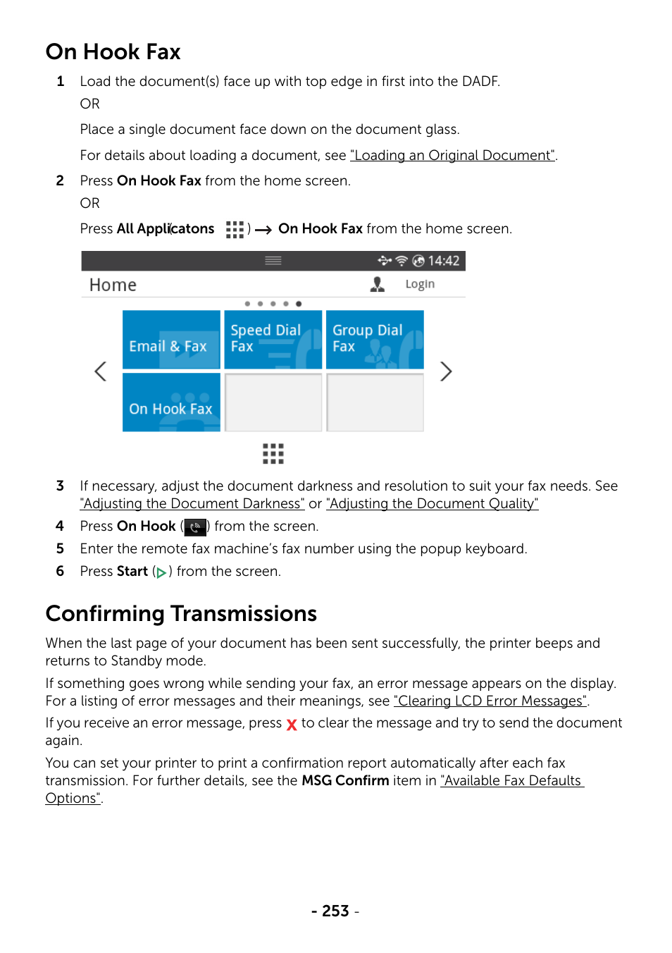 On hook fax, Confirming transmissions, X. see "on hook fax | Dell B2375dnf Mono Multifunction Printer User Manual | Page 254 / 359