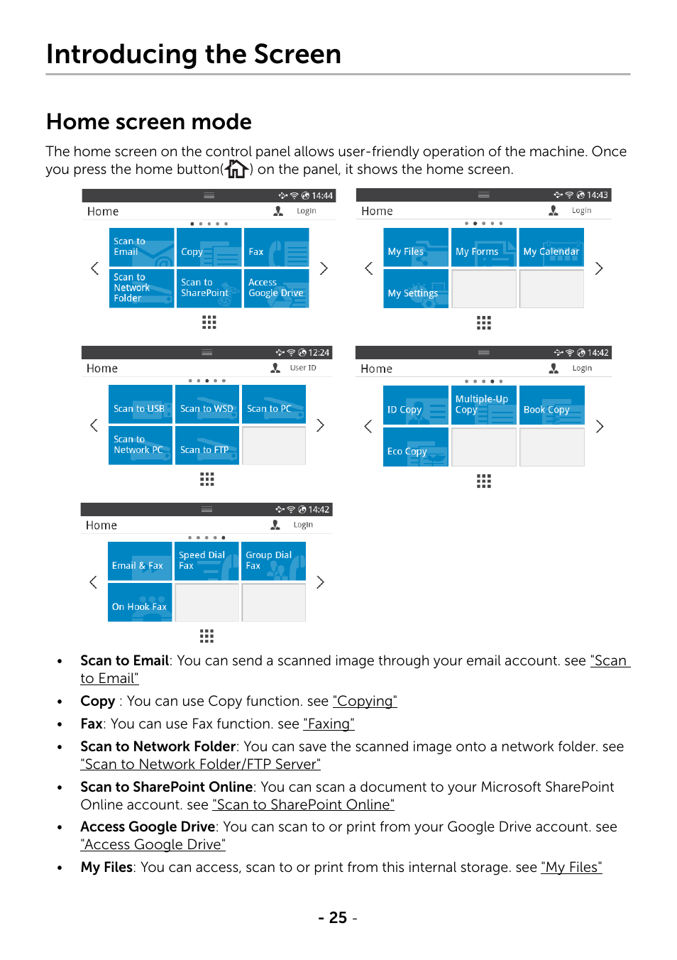 Introducing the screen, Home screen mode | Dell B2375dnf Mono Multifunction Printer User Manual | Page 26 / 359