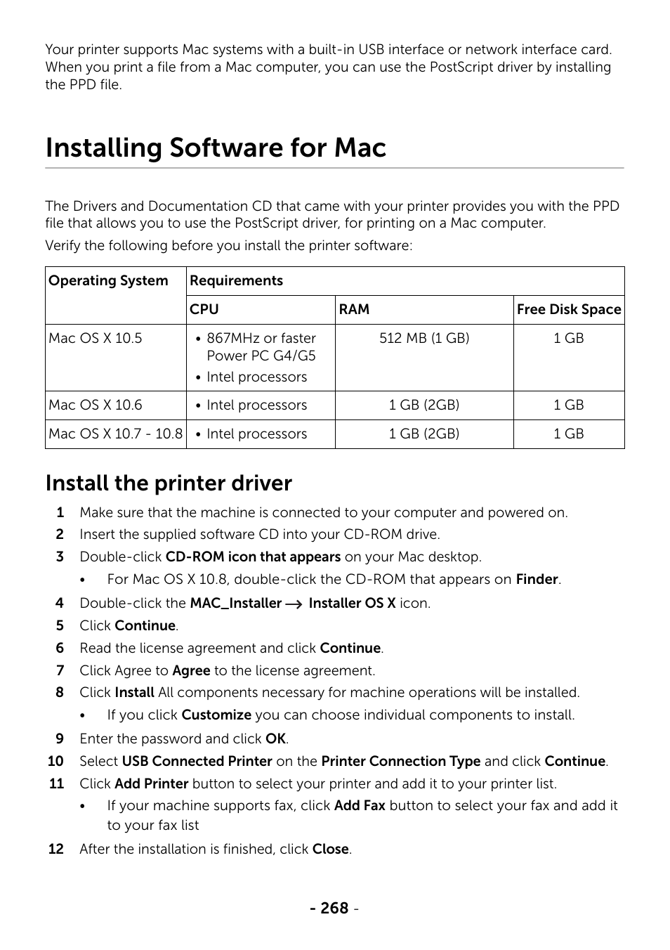 Installing software for mac, Install the printer driver | Dell B2375dnf Mono Multifunction Printer User Manual | Page 269 / 359