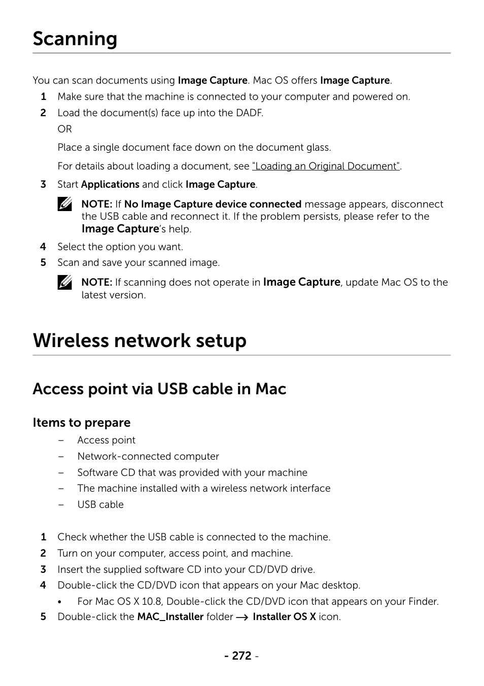 Scanning, Wireless network setup, Access point via usb cable in mac | See "access point via usb cable in mac | Dell B2375dnf Mono Multifunction Printer User Manual | Page 273 / 359