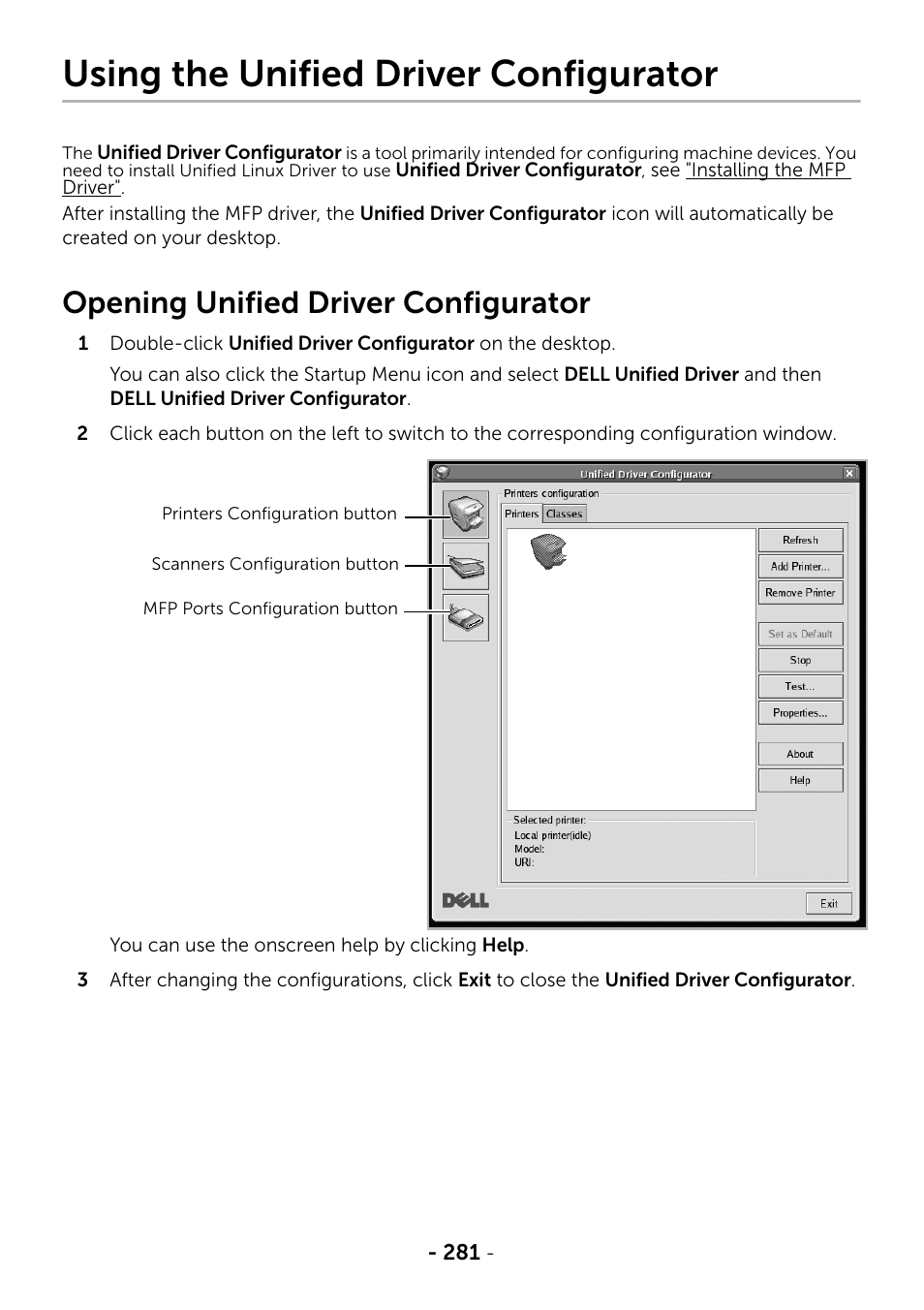 Using the unified driver configurator, Using the u, Opening unified driver configurator | Dell B2375dnf Mono Multifunction Printer User Manual | Page 282 / 359