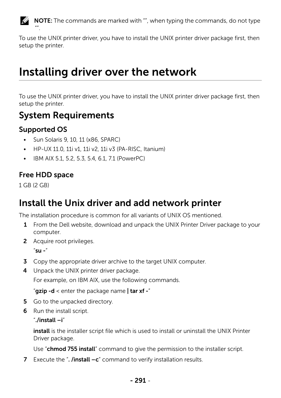 Installing driver over the network, System requirements, Install the unix driver and add network printer | Dell B2375dnf Mono Multifunction Printer User Manual | Page 292 / 359