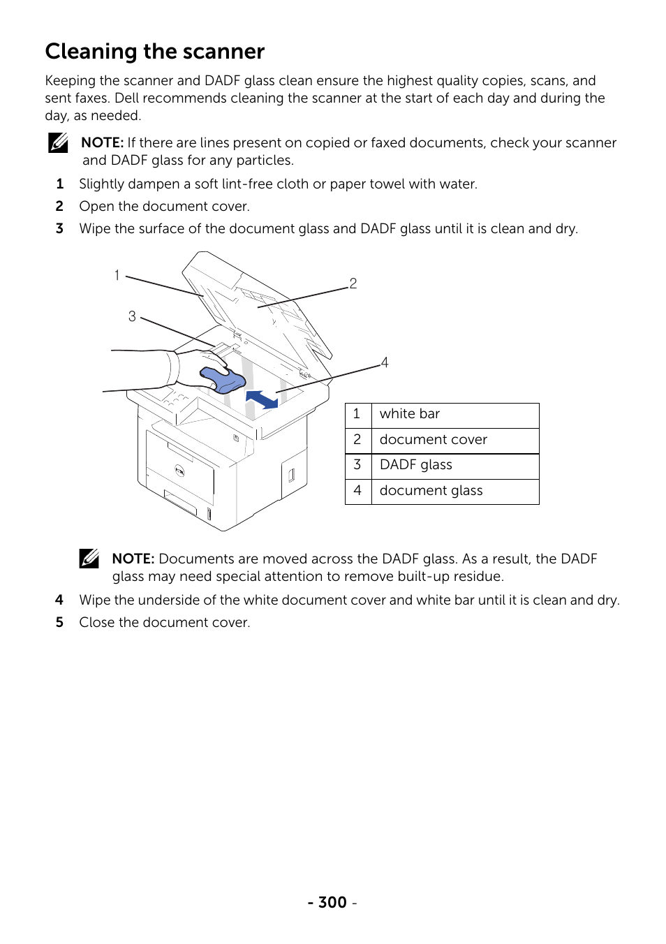 Cleaning the scanner | Dell B2375dnf Mono Multifunction Printer User Manual | Page 301 / 359