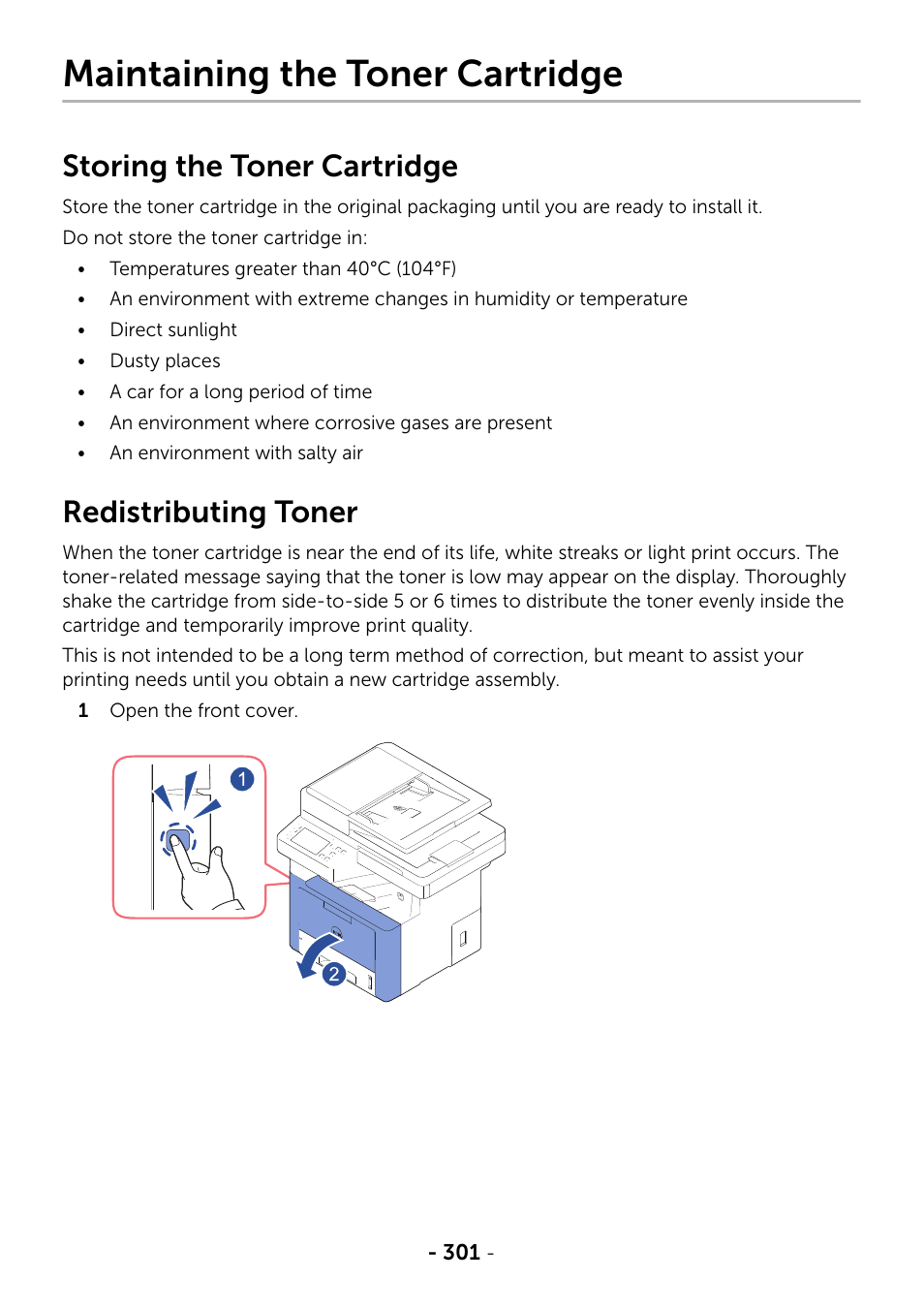 Maintaining the toner cartridge, Storing the toner cartridge, Redistributing toner | Dell B2375dnf Mono Multifunction Printer User Manual | Page 302 / 359