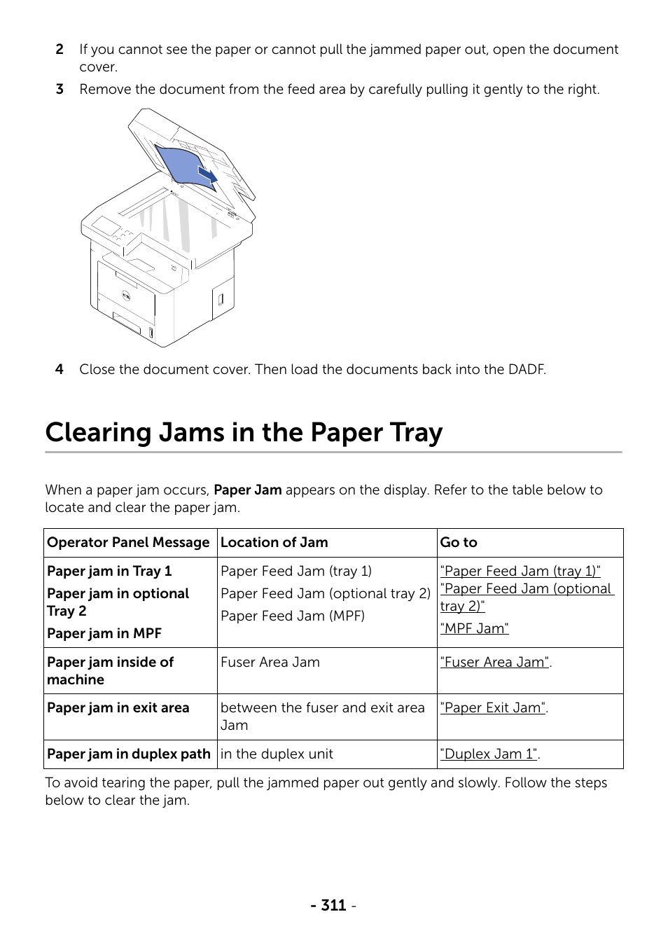 Clearing jams in the paper tray | Dell B2375dnf Mono Multifunction Printer User Manual | Page 312 / 359