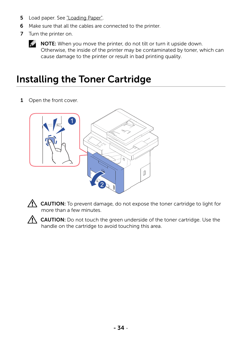 Installing the toner cartridge | Dell B2375dnf Mono Multifunction Printer User Manual | Page 35 / 359