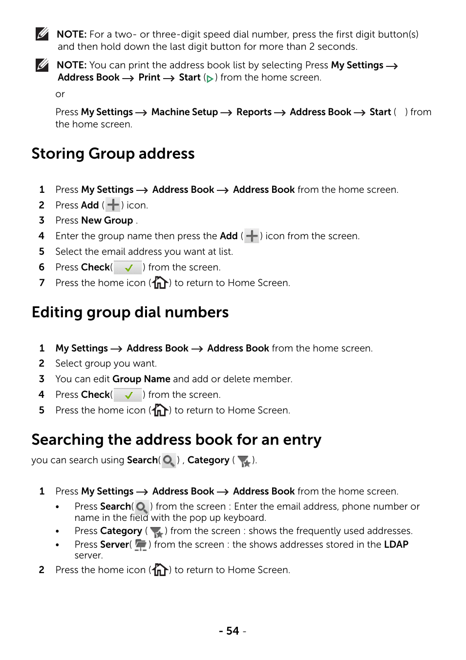 Storing group address, Editing group dial numbers, Searching the address book for an entry | Dell B2375dnf Mono Multifunction Printer User Manual | Page 55 / 359