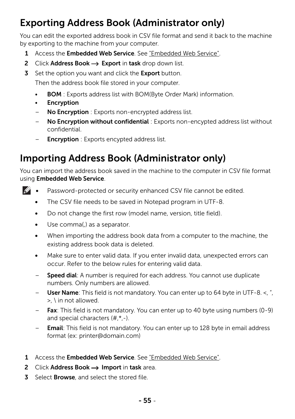 Exporting address book (administrator only), Importing address book (administrator only) | Dell B2375dnf Mono Multifunction Printer User Manual | Page 56 / 359