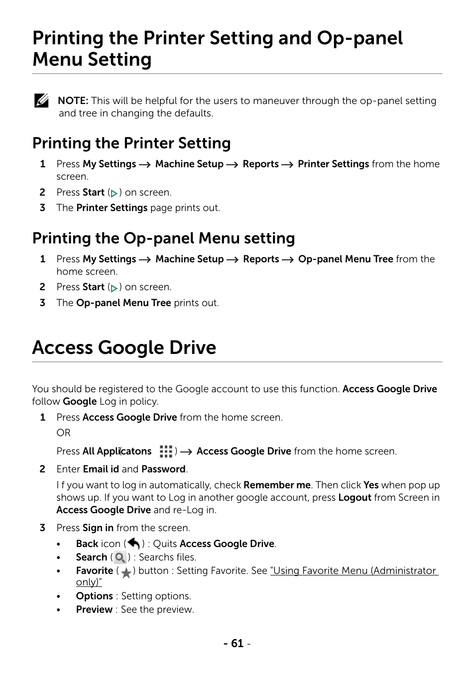 Printing the printer setting, Printing the op-panel menu setting, Access google drive | Dell B2375dnf Mono Multifunction Printer User Manual | Page 62 / 359