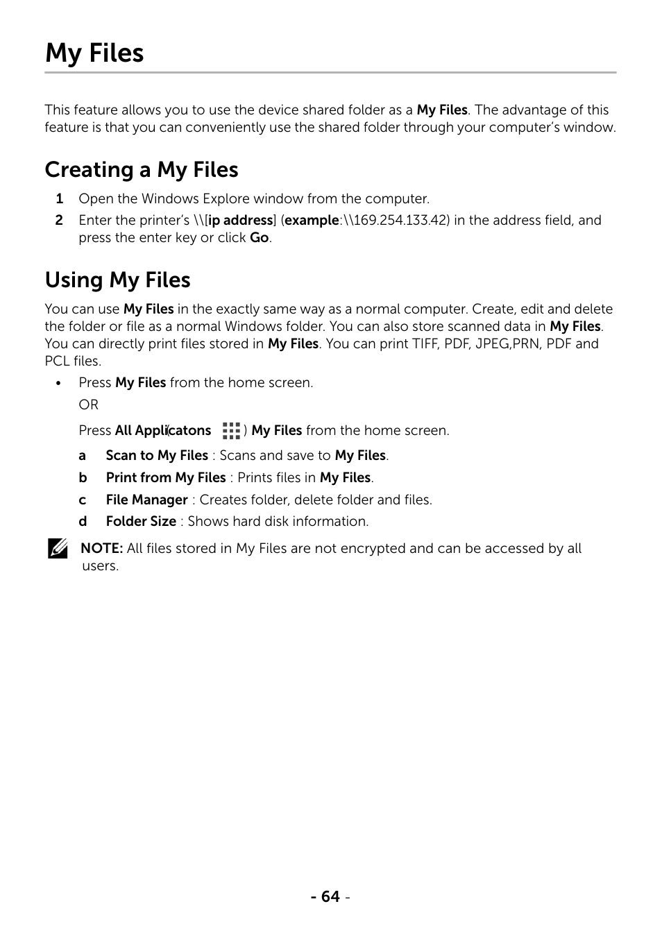 My files, Creating a my files, Using my files | E "my files | Dell B2375dnf Mono Multifunction Printer User Manual | Page 65 / 359