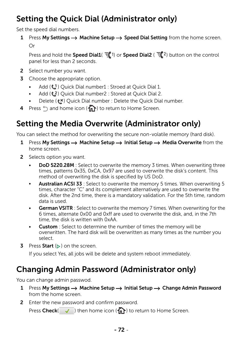 Setting the quick dial (administrator only), Setting the media overwrite (administrator only), Changing admin password (administrator only) | Dell B2375dnf Mono Multifunction Printer User Manual | Page 73 / 359