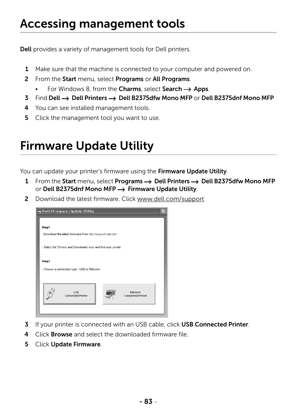 Accessing management tools, Firmware update utility | Dell B2375dnf Mono Multifunction Printer User Manual | Page 84 / 359