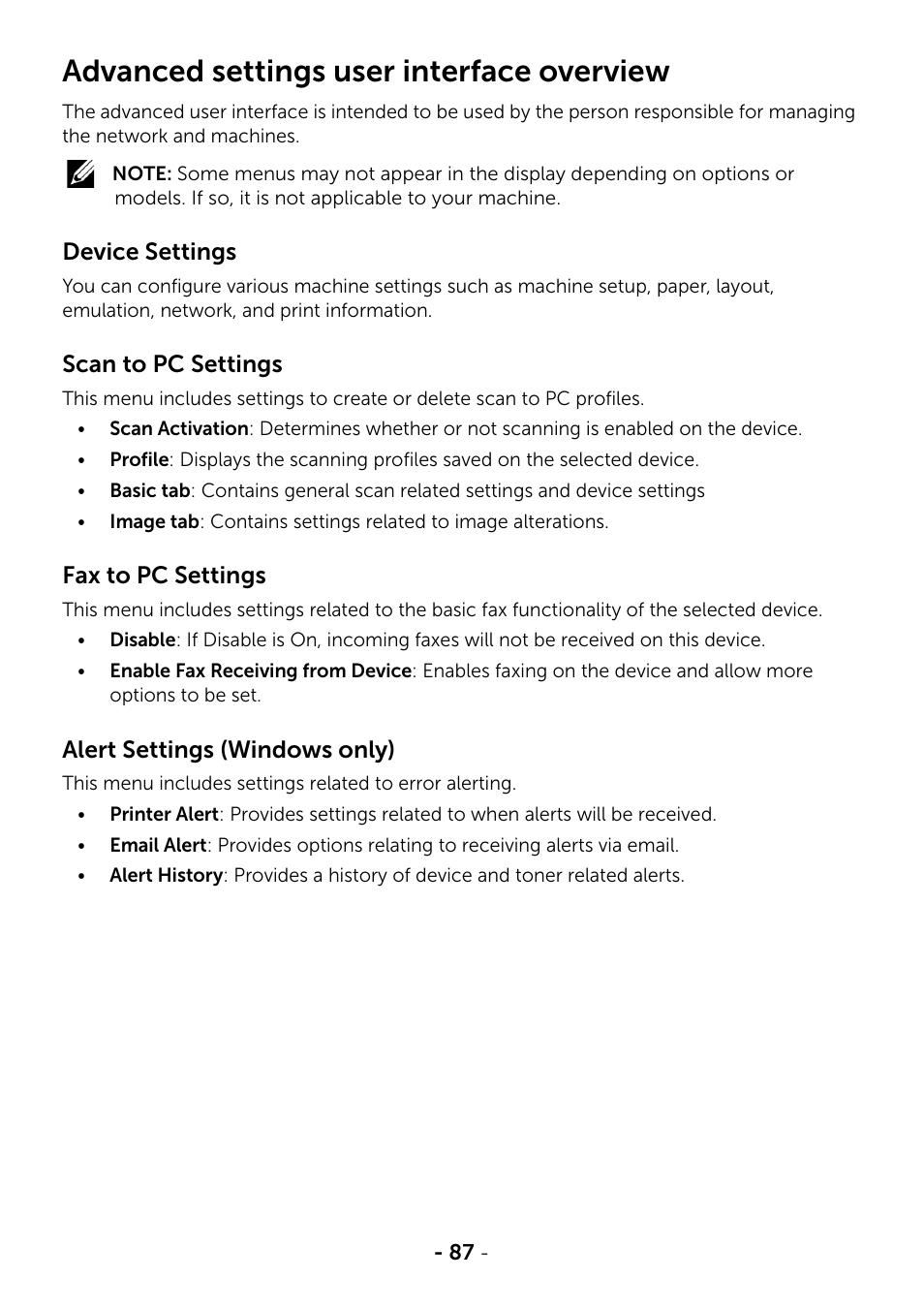 Advanced settings user interface overview | Dell B2375dnf Mono Multifunction Printer User Manual | Page 88 / 359