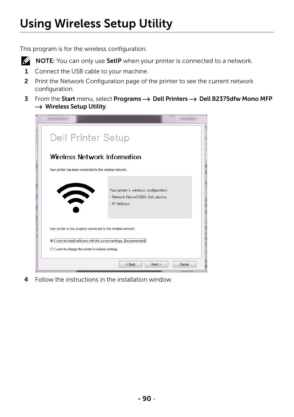 Using wireless setup utility | Dell B2375dnf Mono Multifunction Printer User Manual | Page 91 / 359