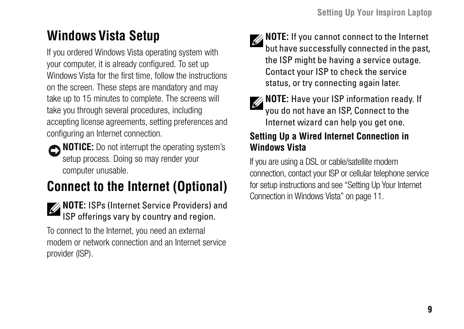 Windows vista setup, Connect to the internet (optional), Windows | Vista setup | Dell Inspiron 1427 (Early 2009) User Manual | Page 11 / 54