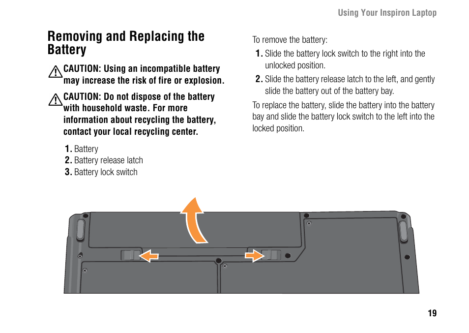 Removing and replacing the battery | Dell Inspiron 1427 (Early 2009) User Manual | Page 21 / 54