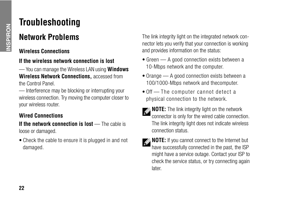 Troubleshooting, Network problems | Dell Inspiron 1427 (Early 2009) User Manual | Page 24 / 54