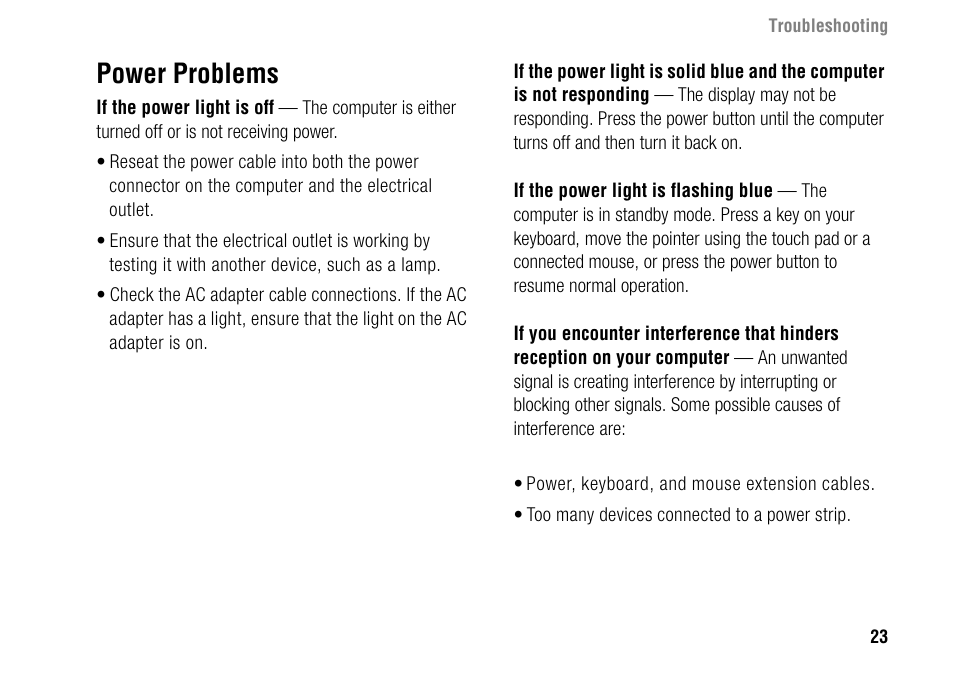 Power problems | Dell Inspiron 1427 (Early 2009) User Manual | Page 25 / 54