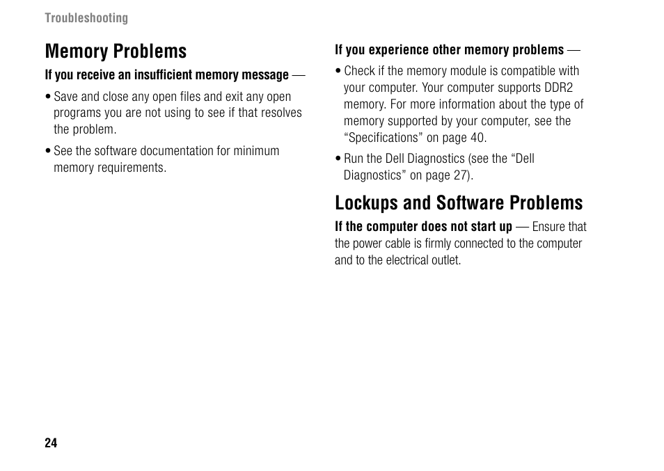 Memory problems, Lockups and software problems | Dell Inspiron 1427 (Early 2009) User Manual | Page 26 / 54