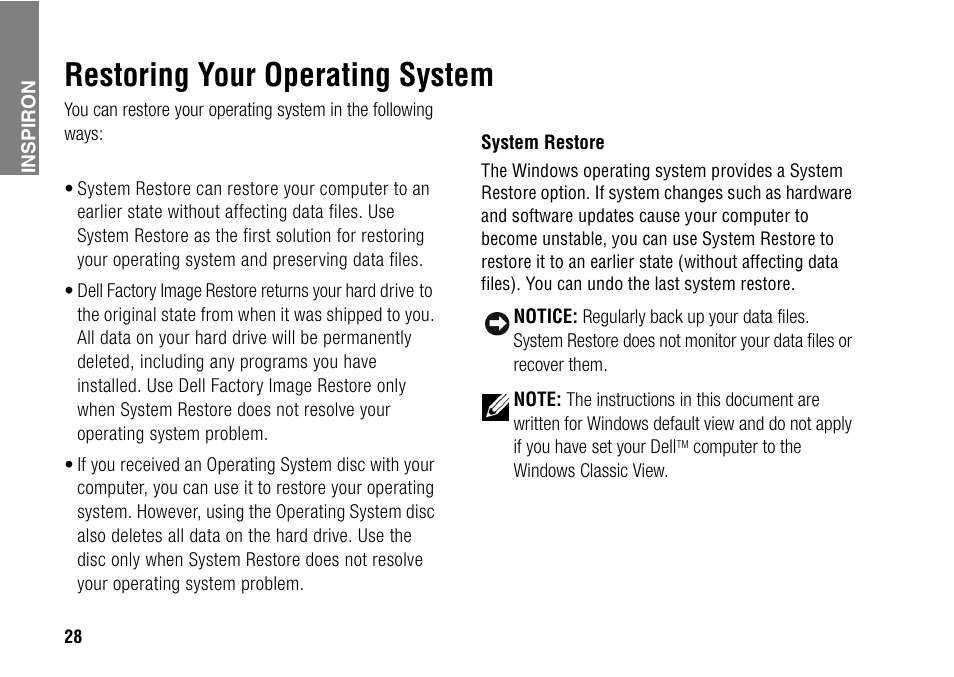 Restoring your operating system, Restore the operating system | Dell Inspiron 1427 (Early 2009) User Manual | Page 30 / 54