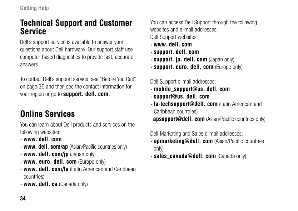 Technical support and customer service, Online services | Dell Inspiron 1427 (Early 2009) User Manual | Page 36 / 54