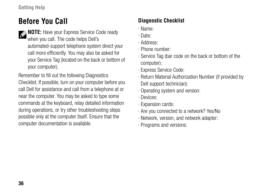 Before you call | Dell Inspiron 1427 (Early 2009) User Manual | Page 38 / 54