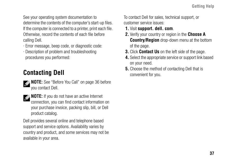 Contacting dell | Dell Inspiron 1427 (Early 2009) User Manual | Page 39 / 54