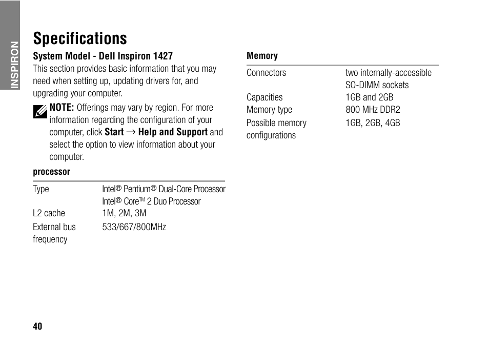 Specifications | Dell Inspiron 1427 (Early 2009) User Manual | Page 42 / 54